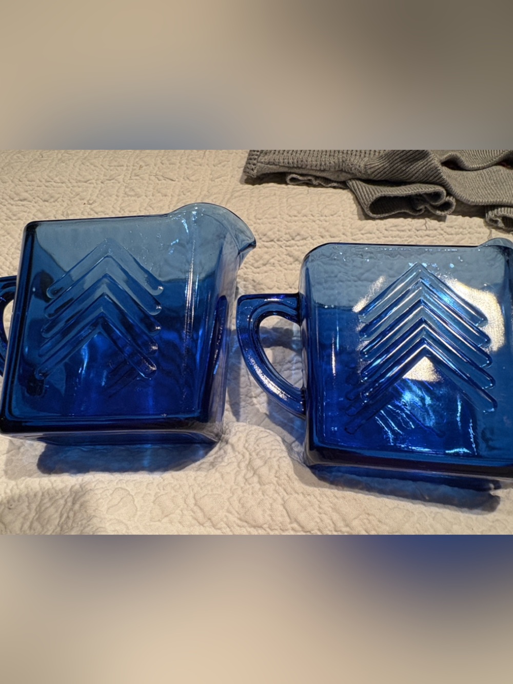 2 Vintage Hazel Atlas Cobalt Blue Chevron Creamers 4 1/2”